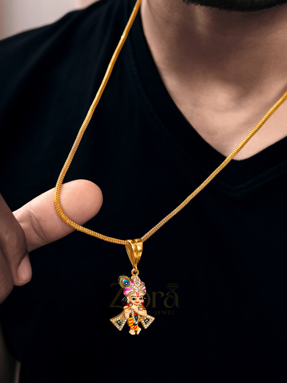 Laddu Gopal Pendant with Gold Plated Chain – Krishna Necklace for Men & Women