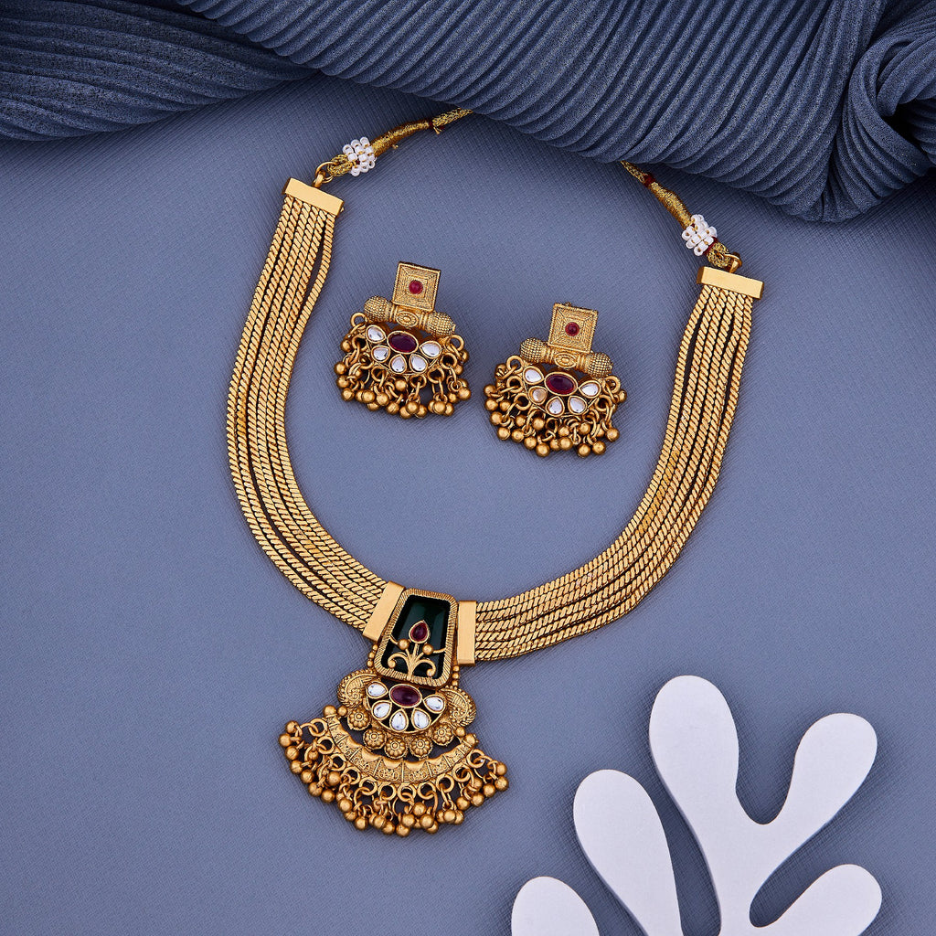 Traditional Gold Plated Brass Necklace Set with Temple Pendant