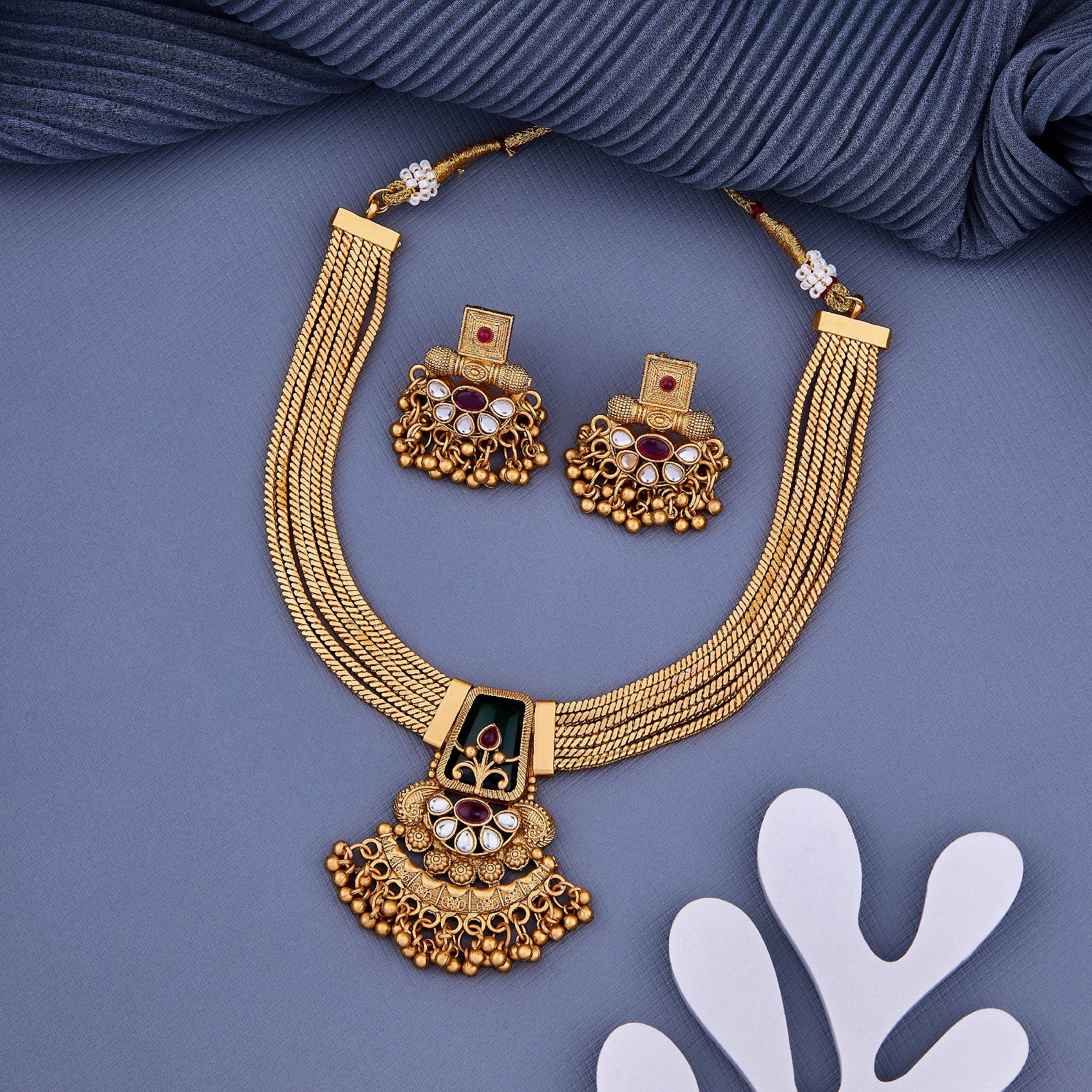 Traditional Gold Plated Brass Necklace Set with Temple Pendant