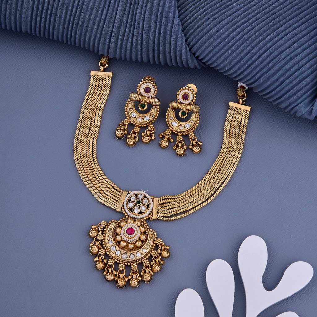 Kundan Pendant Traditional Gold Plated Brass Necklace Set