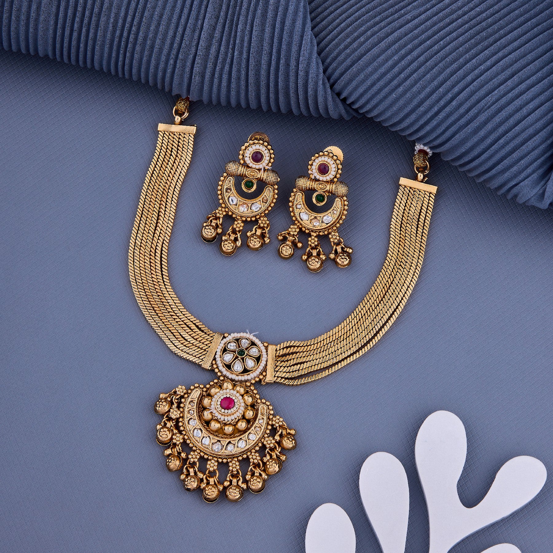 Kundan Pendant Traditional Gold Plated Brass Necklace Set