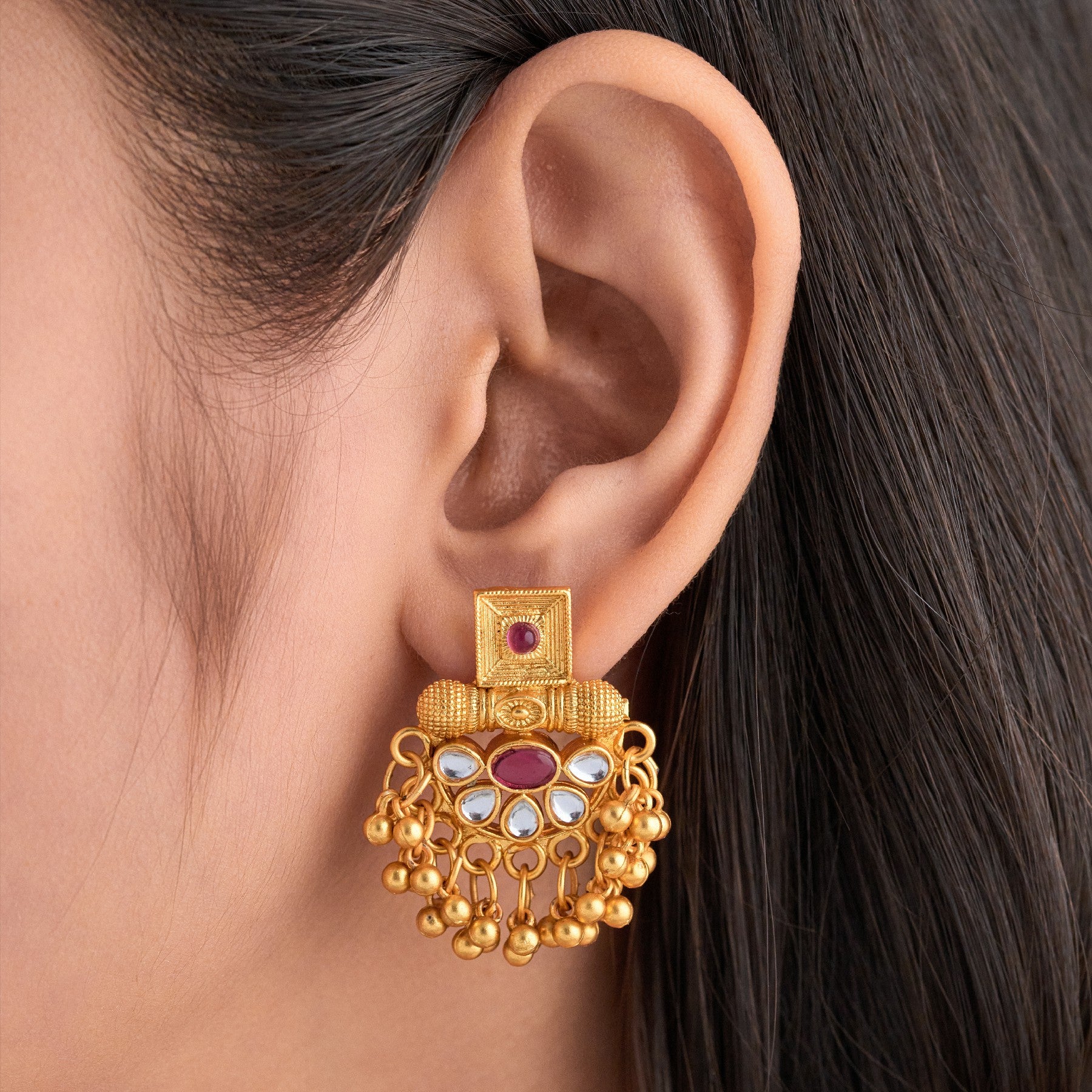 Traditional Gold Plated Brass Necklace Set with Temple Pendant
