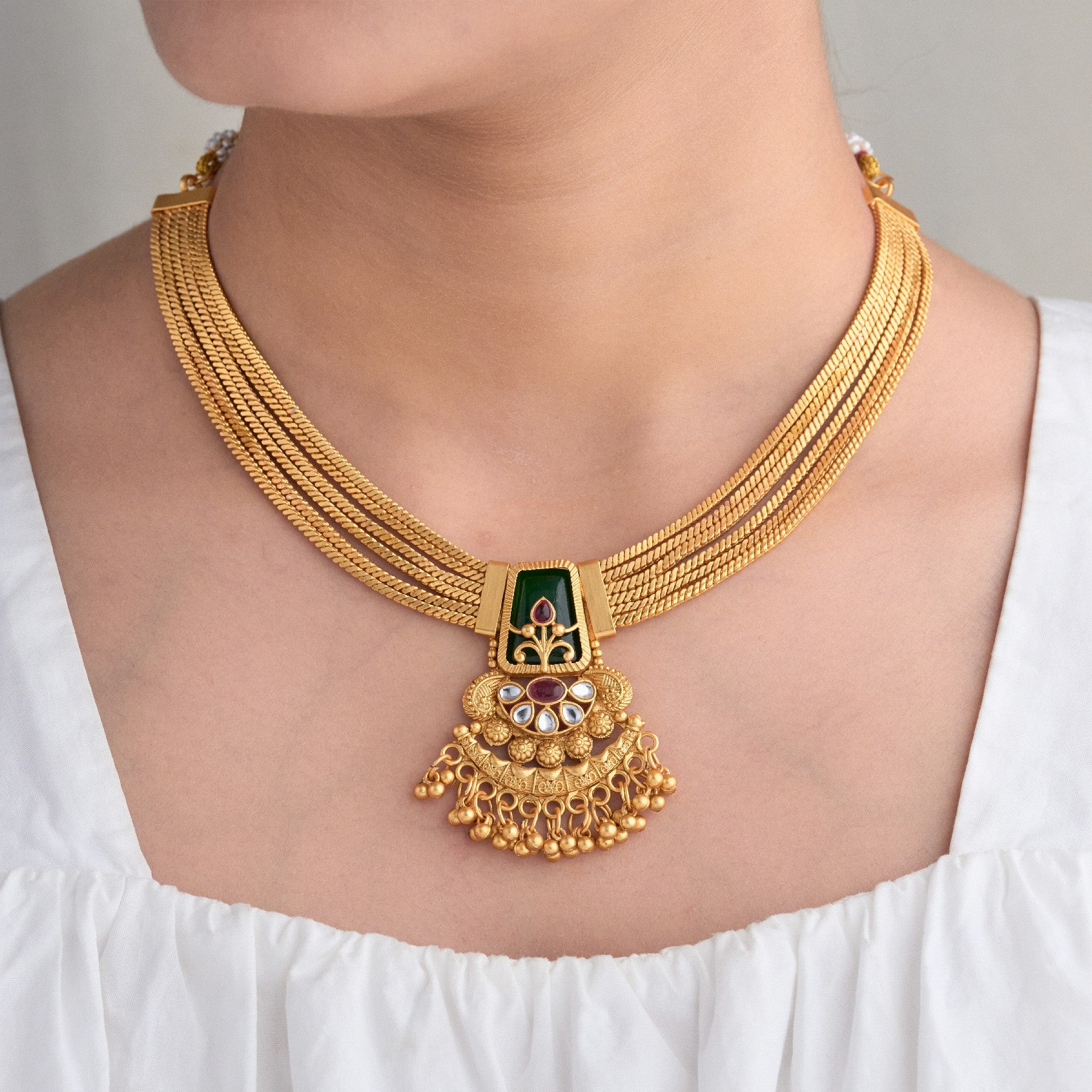 Traditional Gold Plated Brass Necklace Set with Temple Pendant