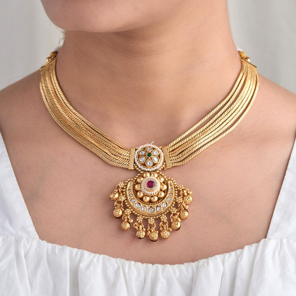 Kundan Pendant Traditional Gold Plated Brass Necklace Set