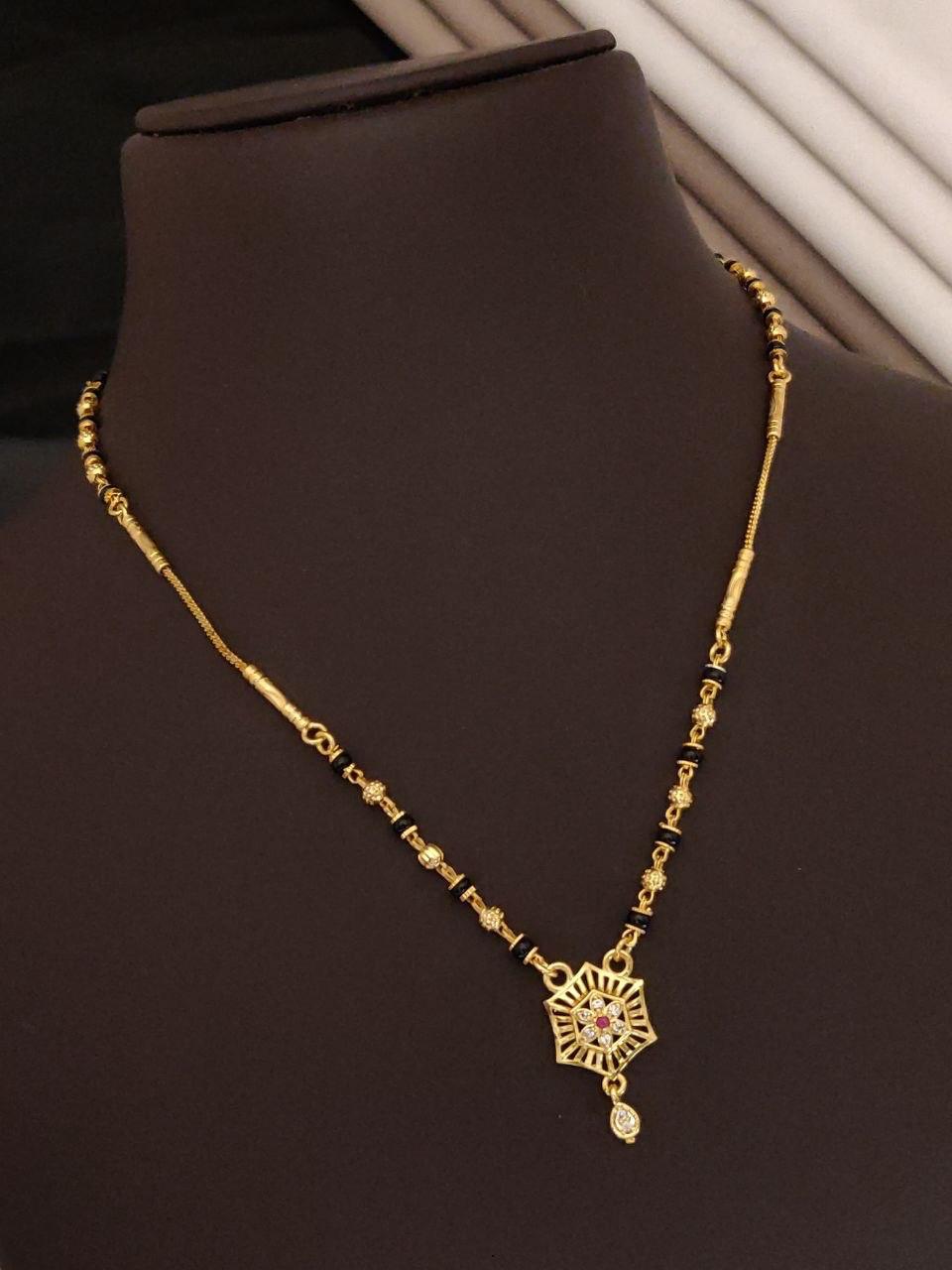 AD Diamond Gold-Plated Floral Hexagon Mangalsutra Necklace
