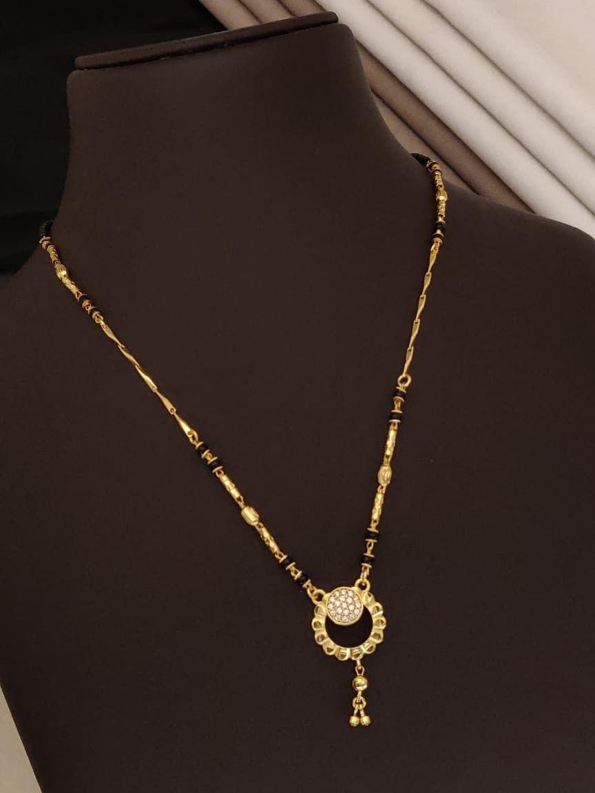 AD Diamond Gold-Plated Circular Pendant Mangalsutra with Black Beads Chain for Women