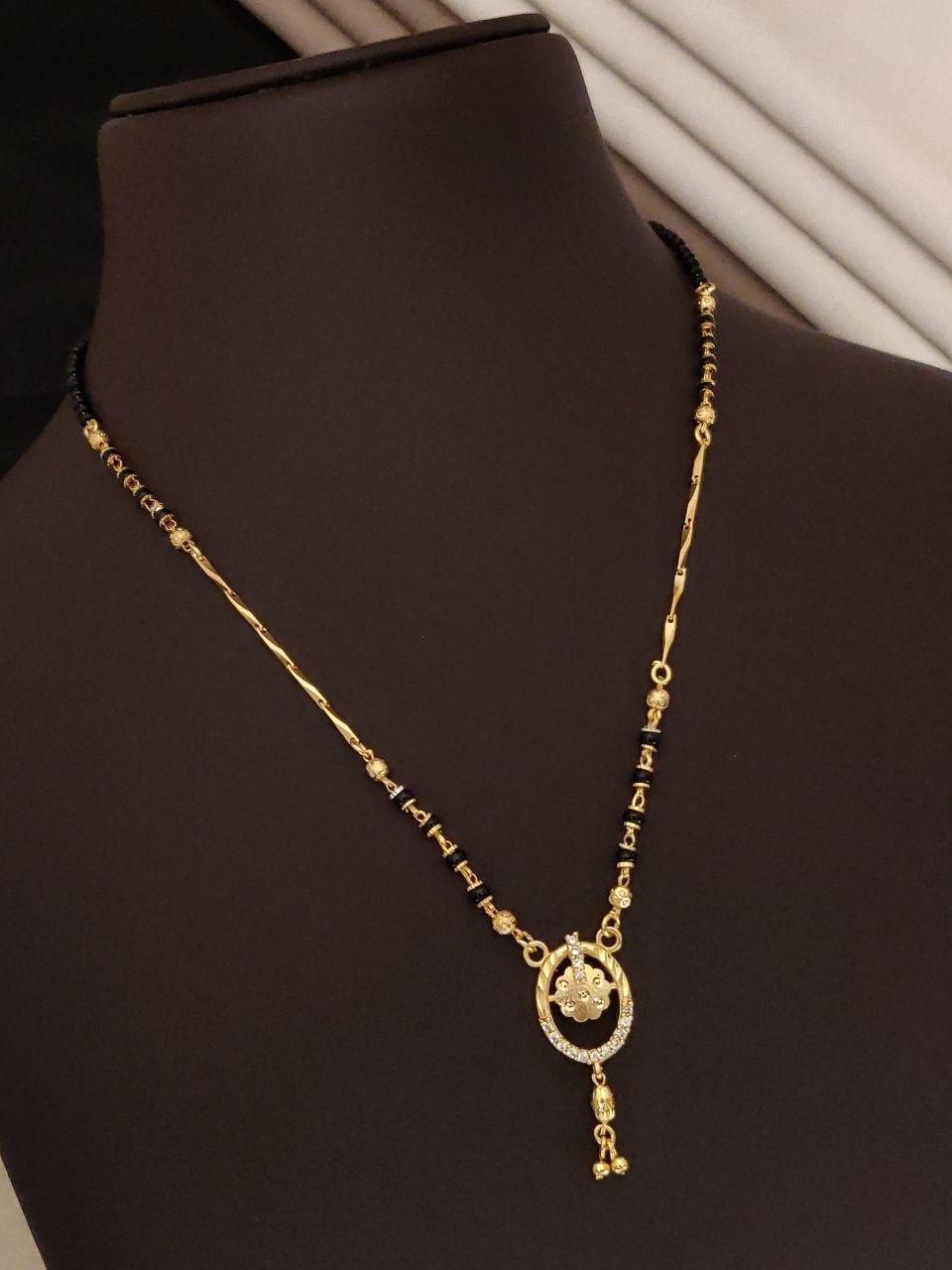 AD Diamond Gold-Plated Floral Charm Mangalsutra with Oval Pendant