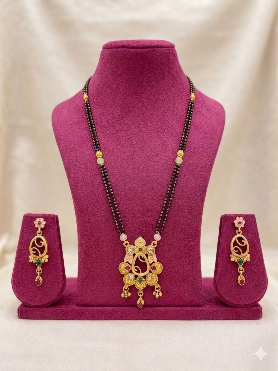 Gold-Plated Traditional Mangalsutra Set with Designer Pendant & Matching Earrings for Women