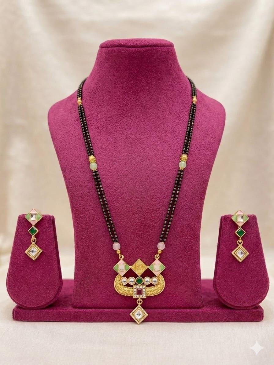 Heritage Glow AD Diamond Gold-Plated Mangalsutra Set with Geometric Pendant & Earrings