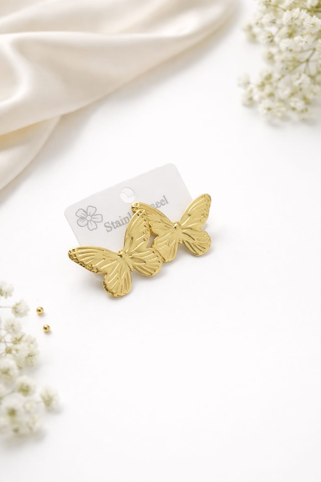 Butterfly Anti Tarnish Double Heart Drop Gold Plated Earrings