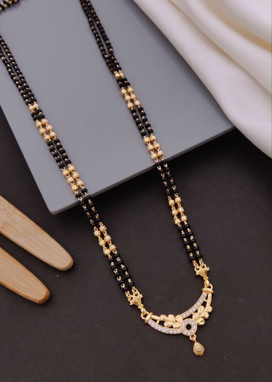 Gold Plated American Diamond South Mangalsutra for Women | Designer Black Bead Necklace